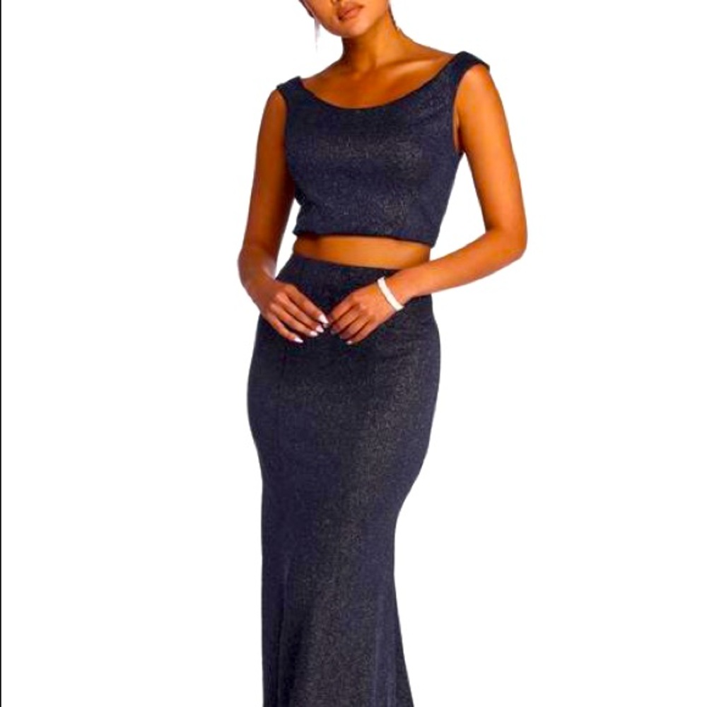 Metallic navy two piece crop top formal gown